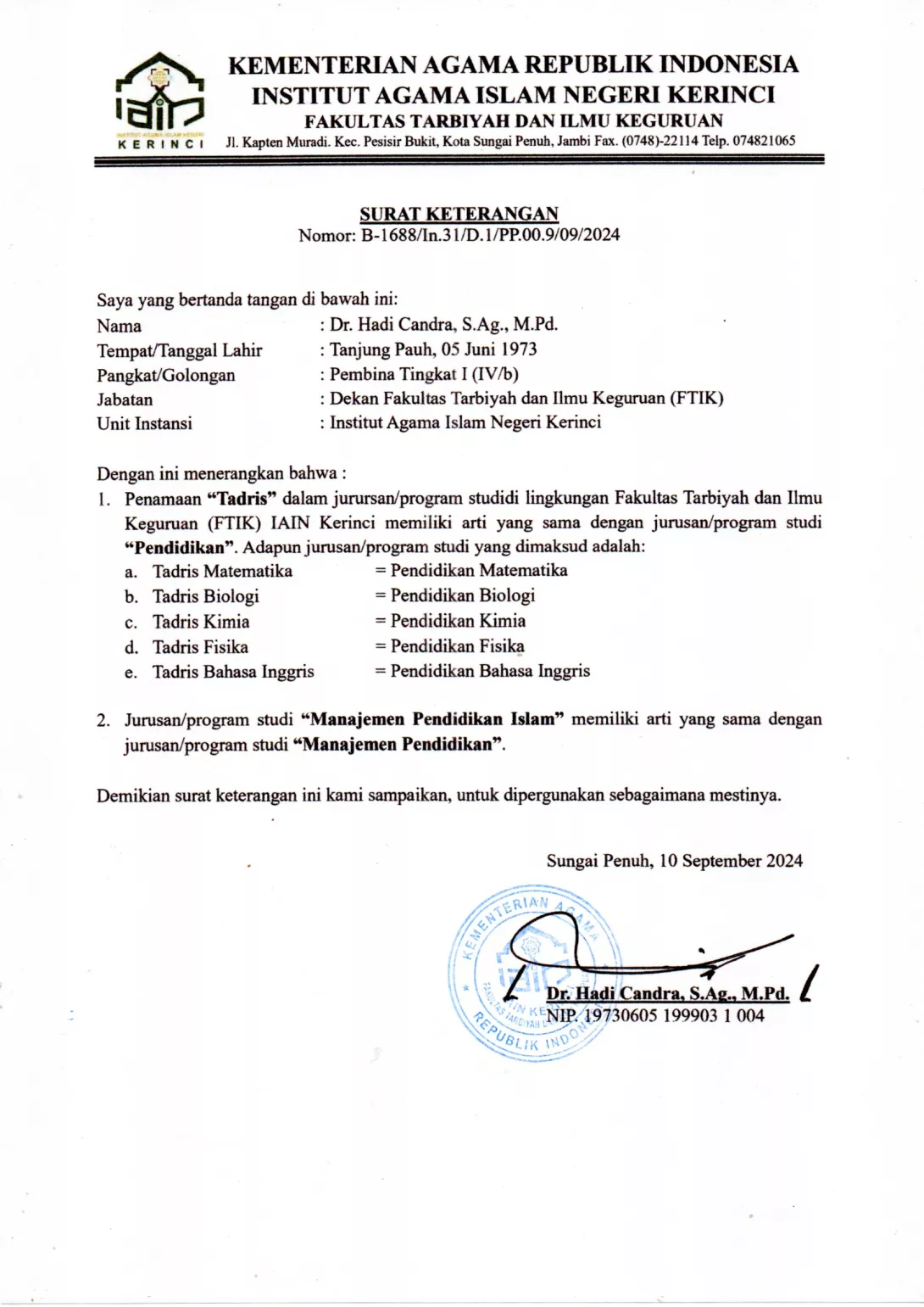 Surat Ket kesetaraan Tadris dengan Pendidikan
